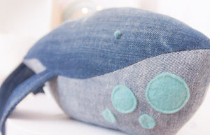 RubyBabyDesigns Keepsake Collective Wyatt the Whale Heirloom Keepsake. Handmade in Melbourne. Denim body two tone with wool blend felt applique spots on underbelly and hand knotted embroidered eye. Created with environmentally friendly PET fill.
