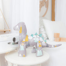Load image into Gallery viewer, RubyBabyDesigns Keepsake Collective Duke the Dinosaur in mountain print. Jointed legs of wooden handmade engraved and faux leather spines, finished off with hand cut felt applique spots. Mountain print with grey, mustard, white, aqua and navy within the print. Handmade in Melbourne. Created with environmentally friendly PET fill.