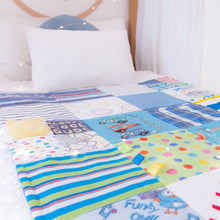 Load image into Gallery viewer, RubyBabyDesigns Keepsake Collective Heirloom Quilt, keepsake quilt, bamboo, patchwork, handmade, made of clothing, childrens clothing, childhood celebration, colourful, decor, cherished memories. Cot size.