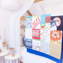 Load image into Gallery viewer, RubyBabyDesigns Keepsake Collective Heirloom Quilt, keepsake quilt, bamboo, patchwork, handmade, made of clothing, childrens clothing, childhood celebration, colourful, decor, cherished memories. Cot size.