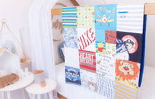 Load image into Gallery viewer, RubyBabyDesigns Keepsake Collective Heirloom Quilt, keepsake quilt, bamboo, patchwork, handmade, made of clothing, childrens clothing, childhood celebration, colourful, decor, cherished memories. Cot size.