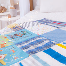 Load image into Gallery viewer, RubyBabyDesigns Keepsake Collective Heirloom Quilt, keepsake quilt, bamboo, patchwork, handmade, made of clothing, childrens clothing, childhood celebration, colourful, decor, cherished memories. Cot size.