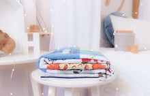 Load image into Gallery viewer, RubyBabyDesigns Keepsake Collective Heirloom Quilt, keepsake quilt, bamboo, patchwork, handmade, made of clothing, childrens clothing, childhood celebration, colourful, decor, cherished memories. Cot size.