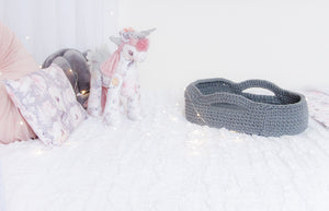 RubyBabyDesigns Milly Moses Basket for dolls, miniland, doll carrier, carrycot, crochet, knit, yarn, cotton, imaginative play, montessori, open ended play, unisex, gender neutral, grey marle, fleck, charcoal