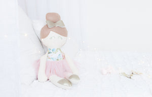 RubyBabyDesigns heirloom cloth doll, ballerina, faux leather, tulle, bow, felt, ballerina bun, ballet shoes, ragdoll, cloth decor, heirloom, keepsake, handmade, made in melbourne, vintage floral, floral, butterflies, birds, watercolour print, peachy pink, pink, wedgewood, cornflower, toffee, champagne, pewter, white, blue, olive, sage green