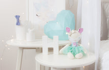 Load image into Gallery viewer, RubyBabyDesigns heirloom cloth doll, deer ballerina, mini mee, mini, felt, rag doll, cloth decor, heirloom, keepsake, handmade, made in melbourne, mini mee, mummy and me, big sister, little sister, deer, woodlands, floral, flowers, bow, spots, digital print, ballerina, tutu, mint, lilac, white, purple, blue, teal, magenta, faux leather, pewter