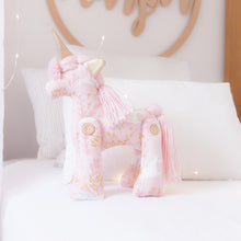 Load image into Gallery viewer, RubyBabyDesigns heirloom cloth doll, unity the unicorn, unicorn, pegasus, horse, faux leather, rag doll, cloth decor, heirloom, keepsake, handmade, made in melbourne, wooden buttons, buttons, leaves, unicorns, pink, gold, wool, metallic, white, light pink