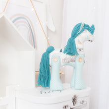 Load image into Gallery viewer, RubyBabyDesigns heirloom cloth doll, horse, wool, pony, mane and tail, cloth decor, heirloom, keepsake, handmade, made in melbourne, buttons, wooden buttons, spots, mint, aqua, mountains, teepees, modern, teal, white, orange