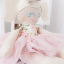 Load image into Gallery viewer, RubyBabyDesigns Keepsake Collective Heirloom Cloth Doll Mini Mee Ballerina using vintage look floral body featuring lovely soft greens and lemons, creams and peachy pink tones, paired with a co-ordinating peachy pink tutu skirt. Natural seeded cotton arms, legs and head are finished off by lovely wool blend felt hair and pigtails in a pale blonde colour. A faux leather bow atop her hair. Handmade and Designed in Melbourne.