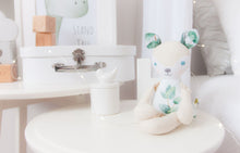 Load image into Gallery viewer, RubyBabyDesigns Keepsake Collective Heirloom Cloth Deer Mini Mee created using eucalyptus or australiana foliage in white and watercolour greens on the body and ears. Hand embroidered nose and eyes with wool blend felt nose. Handmade and designed in Melbourne.
