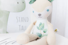 Load image into Gallery viewer, RubyBabyDesigns Keepsake Collective Heirloom Cloth Deer Mini Mee created using eucalyptus or australiana foliage in white and watercolour greens on the body and ears. Hand embroidered nose and eyes with wool blend felt nose. Handmade and designed in Melbourne.