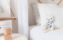 Load image into Gallery viewer, RubyBabyDesigns Keepsake Collective Cloth Mini Mee Fox handmade in melbourne using cotton. Wool blend felt on cheeks and nose, with hand embroidered eyes and hand blushed cheeks. Body print is a lovely watercolour mountain and animal print.