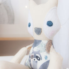 Load image into Gallery viewer, RubyBabyDesigns Keepsake Collective Cloth Mini Mee Fox handmade in melbourne using cotton. Wool blend felt on cheeks and nose, with hand embroidered eyes and hand blushed cheeks. Body print is a lovely watercolour mountain and animal print. 