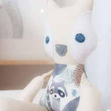 Load image into Gallery viewer, RubyBabyDesigns Keepsake Collective Cloth Mini Mee Fox handmade in melbourne using cotton. Wool blend felt on cheeks and nose, with hand embroidered eyes and hand blushed cheeks. Body print is a lovely watercolour mountain and animal print.