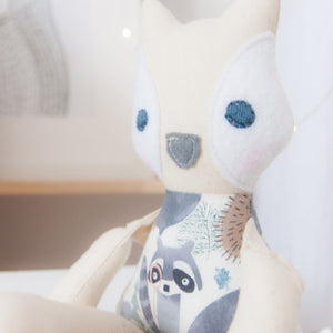 RubyBabyDesigns Keepsake Collective Cloth Mini Mee Fox handmade in melbourne using cotton. Wool blend felt on cheeks and nose, with hand embroidered eyes and hand blushed cheeks. Body print is a lovely watercolour mountain and animal print. 