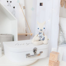 Load image into Gallery viewer, RubyBabyDesigns Keepsake Collective Cloth Mini Mee Fox handmade in melbourne using cotton. Wool blend felt on cheeks and nose, with hand embroidered eyes and hand blushed cheeks. Body print is a lovely watercolour mountain and animal print.
