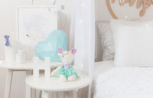 Load image into Gallery viewer, RubyBabyDesigns heirloom cloth doll, deer ballerina, mini mee, mini, felt, rag doll, cloth decor, heirloom, keepsake, handmade, made in melbourne, mini mee, mummy and me, big sister, little sister, deer, woodlands, floral, flowers, bow, spots, digital print, ballerina, tutu, mint, lilac, white, purple, blue, teal, magenta, faux leather, pewter