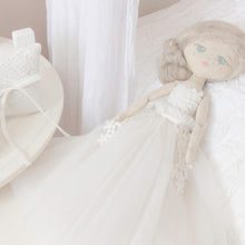 Load image into Gallery viewer, RubyBabyDesigns Memories in Threads Heirloom Keepsake Cloth Doll. Royal in design, etherial and classic in a mature way. Created with your amazing delicate and intricate or formal clothing such as wedding dresses. Created to replicate details down to hair and eye colour. Handmade in Melbourne. Afterpay available. 43cm tall.