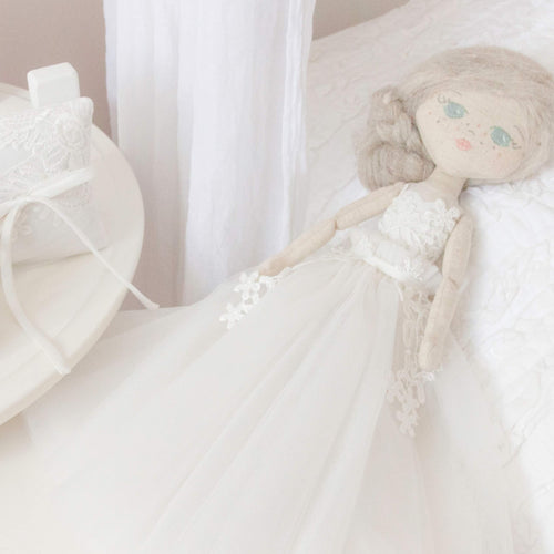RubyBabyDesigns Memories in Threads Heirloom Keepsake Cloth Doll. Royal in design, etherial and classic in a mature way. Created with your amazing delicate and intricate or formal clothing such as wedding dresses. Created to replicate details down to hair and eye colour. Handmade in Melbourne. Afterpay available. 43cm tall.