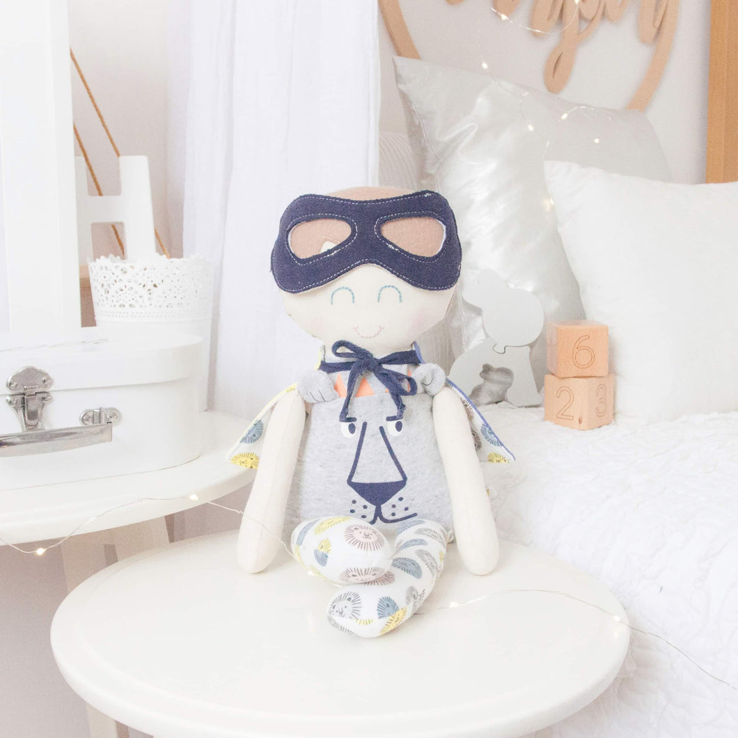 RubyBabyDesigns Keepsake Collective Memory Heirloom Cloth Doll Keepsake Superhero. Available in classic 45cm size and Mini Mee 26cm size. Created from loved ones clothing into a modern heirloom cloth doll. Handmade and designed in Melbourne.