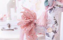 Load image into Gallery viewer, RubyBabyDesigns Keepsake Collective Luxe Unity the Unicorn in a blush pink, white, black, greys and forest green printed cotton. Unicorn featuring faux leather trims, lurex crown and wool blend mane and tail. Finished off with a gorgeous dusty pink embroidered lace tutu skirt. Handmade in Melbourne. Created using cottons, and nylon and filled with environmentally friendly PET fill.