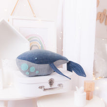 Load image into Gallery viewer, RubyBabyDesigns Keepsake Collective Wyatt the Whale Heirloom Keepsake. Handmade in Melbourne. Denim body two tone with wool blend felt applique spots on underbelly and hand knotted embroidered eye. Created with environmentally friendly PET fill.