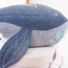 Load image into Gallery viewer, RubyBabyDesigns Keepsake Collective Wyatt the Whale Heirloom Keepsake. Handmade in Melbourne. Denim body two tone with wool blend felt applique spots on underbelly and hand knotted embroidered eye. Created with environmentally friendly PET fill.