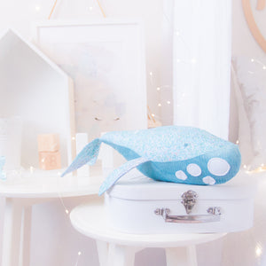 RubyBabyDesigns Keepsake Collective Wyatt the Whale, heirloom keepsake, decor, gift, whale, glitter, blue, white, sparkle, fins, tail, blue, lilac, aqua. Handmade in Melbourne. Featuring environmentally friendly PET fill