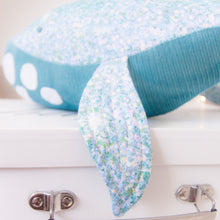 Load image into Gallery viewer, RubyBabyDesigns Keepsake Collective Wyatt the Whale, heirloom keepsake, decor, gift, whale, glitter, blue, white, sparkle, fins, tail, blue, lilac, aqua. Handmade in Melbourne. Featuring environmentally friendly PET fill