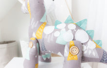 Load image into Gallery viewer, RubyBabyDesigns Keepsake Collective Duke the Dinosaur in mountain print. Jointed legs of wooden handmade engraved and faux leather spines, finished off with hand cut felt applique spots. Mountain print with grey, mustard, white, aqua and navy within the print. Handmade in Melbourne. Created with environmentally friendly PET fill.
