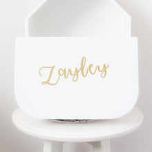 Load image into Gallery viewer, RubyBabyDesigns gift box, white, personalised, personalisation, name, carded box, buckle, silver, packaging, suitcase, keepsake, heirloom, gift, gold