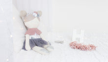 Load image into Gallery viewer, RubyBabyDesigns heirloom cloth doll, ballerina, luxe, faux leather, tulle, bow, felt, ballerina buns, ballet shoes, ragdoll, cloth decor, heirloom, keepsake, handmade, made in melbourne, silver, digitial floral, digital print, watercolour, floral, blush, grey, sage green, mink, flowers, lace crown, ballet shoes, tutu, lace, lace crown, crown, tulle, wool boucle, metallic, cape, sequins