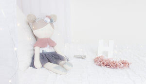 RubyBabyDesigns heirloom cloth doll, ballerina, luxe, faux leather, tulle, bow, felt, ballerina buns, ballet shoes, ragdoll, cloth decor, heirloom, keepsake, handmade, made in melbourne, silver, digitial floral, digital print, watercolour, floral, blush, grey, sage green, mink, flowers, lace crown, ballet shoes, tutu, lace, lace crown, crown, tulle, wool boucle, metallic, cape, sequins