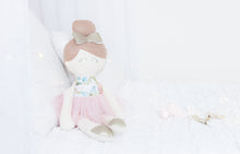 Load image into Gallery viewer, RubyBabyDesigns heirloom cloth doll, ballerina, faux leather, tulle, bow, felt, ballerina bun, ballet shoes, ragdoll, cloth decor, heirloom, keepsake, handmade, made in melbourne, vintage floral, floral, butterflies, birds, watercolour print, peachy pink, pink, wedgewood, cornflower, toffee, champagne, pewter, white, blue, olive, sage green