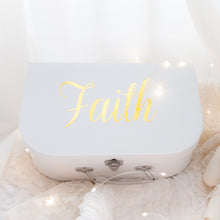 Load image into Gallery viewer, RubyBabyDesigns gift box, white, personalised, personalisation, name, carded box, buckle, silver, packaging, suitcase, keepsake, heirloom, gift, gold