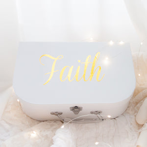 RubyBabyDesigns gift box, white, personalised, personalisation, name, carded box, buckle, silver, packaging, suitcase, keepsake, heirloom, gift, gold