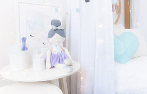 RubyBabyDesigns heirloom cloth doll, ballerina, pastels, faux leather, tulle, florals, bow, felt, ballerina bun, ballet shoes, tutu, metallic, silver, lilac, teal, aqua, mint, pink, orange, grey, purple, vintage floral, ragdoll, cloth decor, heirloom, keepsake, handmade, made in melbourne