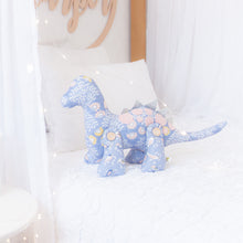 Load image into Gallery viewer, RubyBabyDesigns heirloom cloth doll, dinosaur, faux leather, felt, dinosaur spines, jurassic park, dino, cloth decor, heirloom, keepsake, handmade, made in melbourne, buttons, wooden buttons, lilac, purple, white, peachy pink, pink, yellow, silver, floral, birds
