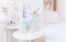 Load image into Gallery viewer, RubyBabyDesigns heirloom cloth doll, unicorn, unity the unicorn, poppy the pegasus, pegasus, wool, pony, mane and tail, cloth decor, heirloom, keepsake, handmade, made in melbourne, buttons, wooden buttons, flowers, mint, aqua, swan, pink, white, blue, gold, metallic, horn