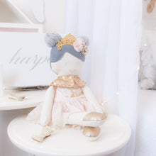 Load image into Gallery viewer, RubyBabyDesigns heirloom cloth doll, ballerina, luxe, faux leather, tulle, bow, felt, ballerina buns, ballet shoes, ragdoll, cloth decor, heirloom, keepsake, handmade, made in melbourne, gold, lace, sequins, blush, peachy pink, marble, grey, flowers, lace crown, crown, ballet shoes, tutu, lace trim, lace, stars, metallic, cape, sequins