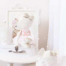 Load image into Gallery viewer, RubyBabyDesigns heirloom cloth doll, ballerina, faux leather, tulle, bow, felt, ballerina bun, ballet shoes, ragdoll, cloth decor, heirloom, keepsake, handmade, made in melbourne, pink, vintage floral, floral, roses, lilac pink, blonde, pewter, pale pink, lemon, yellow, cream, champagne