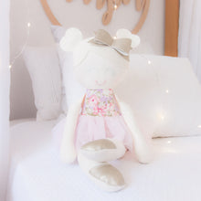 Load image into Gallery viewer, RubyBabyDesigns heirloom cloth doll, ballerina, faux leather, tulle, bow, felt, ballerina bun, ballet shoes, ragdoll, cloth decor, heirloom, keepsake, handmade, made in melbourne, pink, vintage floral, floral, roses, lilac pink, blonde, pewter, pale pink, lemon, yellow, cream, champagne