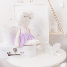 Load image into Gallery viewer, RubyBabyDesigns heirloom cloth doll, ballerina, faux leather, tulle, bow, felt, ballerina bun, ballet shoes, ragdoll, cloth decor, heirloom, keepsake, handmade, made in melbourne, unicorn print, unicorn, raindrops, glitter print, pale pink, pink, lilac, purple, blonde, cream, yellow, hand embroidery, pewter