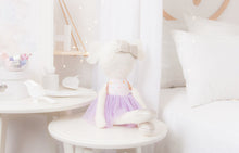 Load image into Gallery viewer, RubyBabyDesigns heirloom cloth doll, ballerina, faux leather, tulle, bow, felt, ballerina bun, ballet shoes, ragdoll, cloth decor, heirloom, keepsake, handmade, made in melbourne, unicorn print, unicorn, raindrops, glitter print, pale pink, pink, lilac, purple, blonde, cream, yellow, hand embroidery, pewter