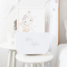 Load image into Gallery viewer, RubyBabyDesigns gift box, white, personalised, personalisation, name, carded box, buckle, silver, packaging, suitcase, keepsake, heirloom, gift