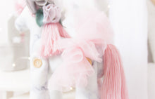 Load image into Gallery viewer, RubyBabyDesigns Keepsake Collective Heirloom Deluxe Unity the Unicorn Ballerina is a lovely soft grey and white marble digital print. Paired with a soft blush wool mane and tail, along with tulle ballerina skirt. She also has shabby flowers set within her mane and silver faux leather ears and horn. Handmade engraved wooden buttons on the legs, and filled with PET environmentally friendly fill, handmade and designed in Melbourne.