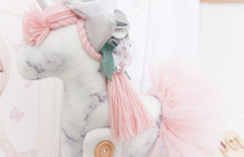 Load image into Gallery viewer, RubyBabyDesigns Keepsake Collective Heirloom Deluxe Unity the Unicorn Ballerina is a lovely soft grey and white marble digital print. Paired with a soft blush wool mane and tail, along with tulle ballerina skirt. She also has shabby flowers set within her mane and silver faux leather ears and horn. Handmade engraved wooden buttons on the legs, and filled with PET environmentally friendly fill, handmade and designed in Melbourne.