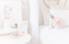 Load image into Gallery viewer, RubyBabyDesigns Keepsake Collective Mini Mee Deluxe Unity the Unicorn Heirloom Cloth Keepsake, created using a white and shades of grey marble digital print, paired with dusty pink, white, plum and forest green. She features flowers in her hair, along with a matching blush tulle tutu. Wooden jointed button legs and faux leather horn and ears. Created using environmentally friendly PET fill. Handmade and designed in Melbourne. Afterpay available.