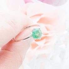 Load image into Gallery viewer, RubyBabyDesigns Keepsake Collective Heirloom Keepsake Ella Elegant Ring featuring a handmade gem featuring inclusions such as cremation ashes, preserved breastmilk or flowers, locks of hair and clothing. Hand crafted gem made in Melbourne. Sterling Silver setting with 6 prongs.