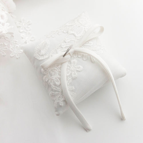 RubyBabyDesigns Memories in Threads Wedding Ring Pillow. A gorgeous ring pillow created from special clothing pieces. Handmade and designed in Melbourne. Crafted from loved ones clothing such as wedding dresses. Approximately 11cm x 11cm. 